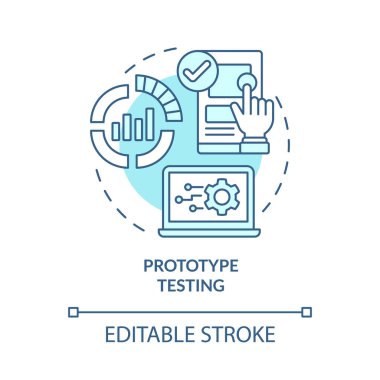 Prototip test turkuaz konsept ikonu. Fiziksel varlık, soyut fikirlerin ince çizgi çizimlerini taklit ediyor. İzole bir taslak çizim. Düzenlenebilir felç. Kullanılan Roboto-Orta, Myriad Pro-Kalın yazı tipleri
