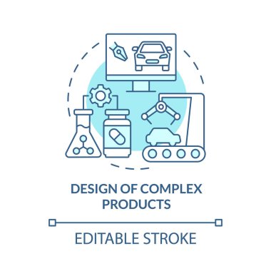 Karmaşık ürünler turkuaz konsept ikonu tasarlıyor. Üretim otomasyonu soyut fikir ince çizgi çizimi. İzole bir taslak çizim. Düzenlenebilir felç. Kullanılan Roboto-Orta, Myriad Pro-Kalın yazı tipleri