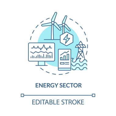 Enerji sektörü turkuaz konsept simgesi. Dijital ikiz kullanımı vakası soyut fikir ince çizgi çizimi. Akıllı yönetim. İzole bir taslak çizim. Düzenlenebilir felç. Kullanılan Roboto-Orta, Myriad Pro-Kalın yazı tipleri