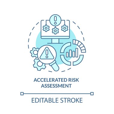 Hızlandırılmış risk değerlendirme turkuaz konsept ikonu. Yatırım riskini azaltmak soyut fikir ince çizgi çizimi. İzole bir taslak çizim. Düzenlenebilir felç. Kullanılan Roboto-Orta, Myriad Pro-Kalın yazı tipleri