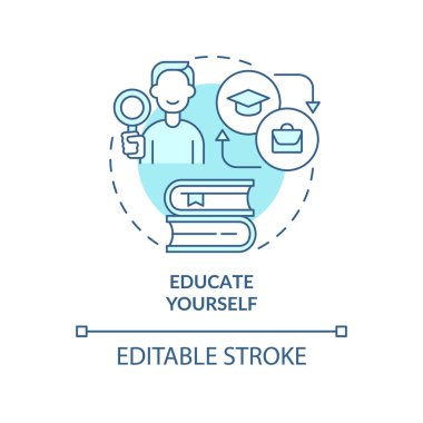 Turkuaz konsept simgesini kendiniz öğrenin. Anksiyete belirtilerini saptamayı öğren soyut fikir ince çizgi çizimi. İzole bir taslak çizim. Düzenlenebilir felç. Kullanılan Roboto-Orta, Myriad Pro-Kalın yazı tipleri