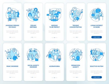 Mobil uygulama ekranında mavi anksiyete bozukluğu. Sağlık hizmetleri 5 aşamalı grafik talimatları sayfaları doğrusal kavramlarla birlikte. UI, UX, GUI şablonu. Kullanılan sayısız Pro-Kalın, Düzenli yazı tipleri