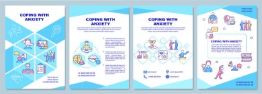 Endişe dolu mavi broşür ile başa çıkmak. Sağlık zihniyeti. Doğrusal simgeli kitapçık baskı tasarımı. Sunum için vektör planları, yıllık raporlar, reklamlar. Arial-Black, Kullanılan Myriad Pro-Normal yazı tipleri