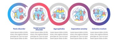 Anksiyete bozukluklarının tipleri döngü bilgi şablonu. Akıl hastalığı. Veri görselleştirmesi 5 adımda. İşlem zaman çizelgesi bilgi şeması. Satır simgeleriyle çalışma akışı düzeni. Kullanılan sayısız Pro-Kalın, Düzenli yazı tipleri
