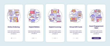 Mobil uygulama ekranındaki kontaksız çözüm örnekleri. Akıllı servis 5 aşamalı grafik talimatları sayfaları doğrusal kavramlarla birlikte yürür. UI, UX, GUI şablonu. Kullanılan sayısız Pro-Kalın, Düzenli yazı tipleri