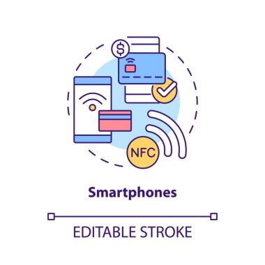 Akıllı telefonlar konsepti ikonu. NFC ödeme çözümü. Dokunulmaz sistem soyut fikir ince çizgi çizimi. İzole bir taslak çizim. Düzenlenebilir felç. Kullanılan Roboto-Orta, Myriad Pro-Kalın yazı tipleri