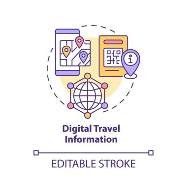 Dijital seyahat bilgi konsepti simgesi. Dokunulmaz sistem soyut fikir ince çizgi çizimi. İzole bir taslak çizim. Düzenlenebilir felç. Kullanılan Roboto-Orta, Myriad Pro-Kalın yazı tipleri