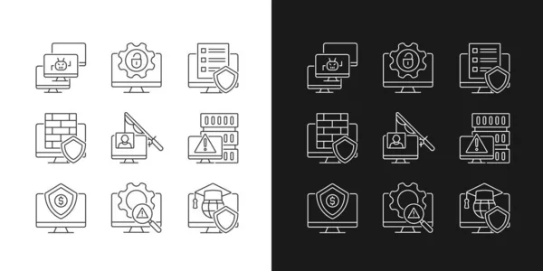Cybercriminalité Ses Icônes Linéaires Prévention Réglées Pour Mode Sombre Lumineux — Image vectorielle