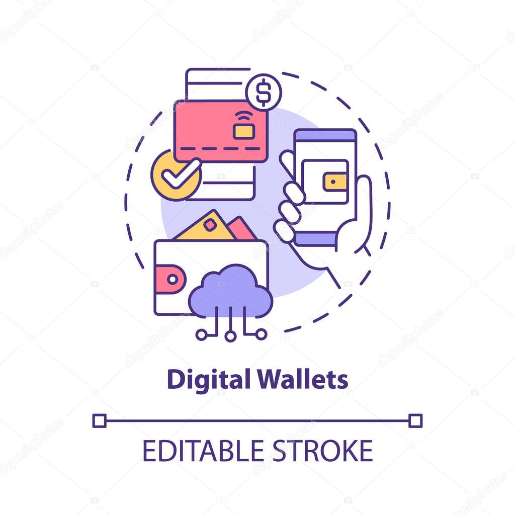 Digital wallets concept icon. Online account. Touchless system abstract idea thin line illustration. Isolated outline drawing. Editable stroke. Roboto-Medium, Myriad Pro-Bold fonts used