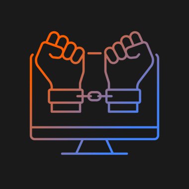 Hacker karanlık tema için gradyan vektör simgesi yakalıyor. Bulun, takip edin ve siber suçluyu yakalayın. Dolandırıcılıktan tutuklanmış. İnce çizgi renk sembolü. Modern tarz pictogram. Vektör izole çizimi