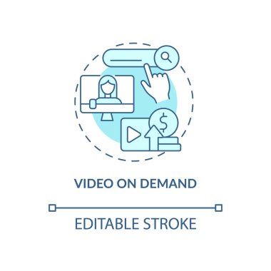 Talep üzerine video mavi konsept simgesi. Abonelik, soyut fikir ve ince çizgilerden para kazan. İzole bir taslak çizim. Düzenlenebilir felç. Kullanılan Roboto-Orta, Myriad Pro-Kalın yazı tipleri