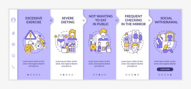 Anoreksi duygusal ve davranışsal semptomlar mor ve beyaz şablon üzerinde. Doğrusal konsept simgeleriyle cevap veren mobil web sitesi. Web sayfasında 5 basamaklı ekranlar. Kullanılan Lato Kalın, Düzenli yazı tipleri