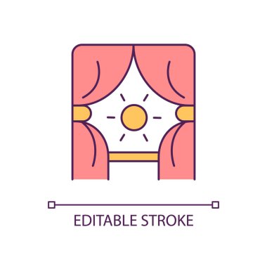 Açık perdeler ve parlayan güneş RGB renk simgesi. Pozitif bir başlangıç. İyi sabahlar. Refah yaşam tarzı. İzole vektör çizimi. Basit bir çizgi çizimi. Düzenlenebilir felç. Kullanılan Arial yazı tipi