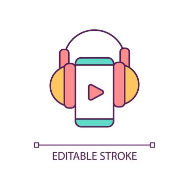 Cep telefonu RGB renk simgesi tarafından podcast dinleniyor. Radyo programı yayını. Eğlence programı. İzole vektör çizimi. Basit bir çizgi çizimi. Düzenlenebilir felç. Kullanılan Arial yazı tipi