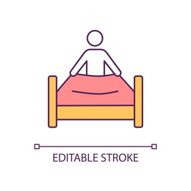 Yatak RGB renk simgesi yapıyorum. Her gün sabah rutini. Ev işleri ve ev işleri. Yatak odasında sipariş verin. İzole vektör çizimi. Basit bir çizgi çizimi. Düzenlenebilir felç. Kullanılan Arial yazı tipi