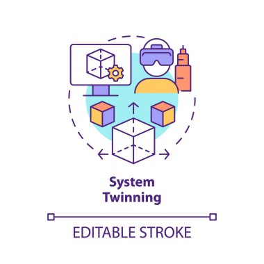 Sistem ikizi konsept simgesi. Model bazlı mühendislik soyut fikir ince çizgi çizimi. Dijital ikiz yarat. İzole bir taslak çizim. Düzenlenebilir felç. Kullanılan Roboto-Orta, Myriad Pro-Kalın yazı tipleri