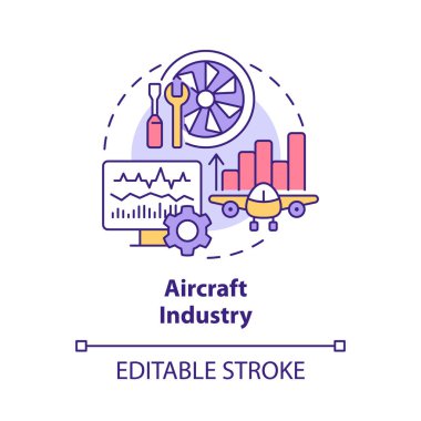 Uçak endüstrisi konsepti ikonu. Dijital ikiz kullanımı soyut fikir ince çizgi çizimi. Sanal, çalışan model. İzole bir taslak çizim. Düzenlenebilir felç. Kullanılan Roboto-Orta, Myriad Pro-Kalın yazı tipleri