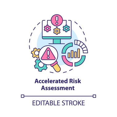 Hızlandırılmış risk değerlendirme konsepti ikonu. Dijital ikiz fayda soyut fikir ince çizgi çizimi. İzole bir taslak çizim. Düzenlenebilir felç. Kullanılan Roboto-Orta, Myriad Pro-Kalın yazı tipleri