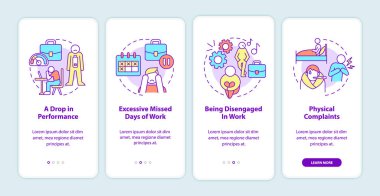 Mobil uygulama ekranında işyeri anksiyetesi sebepleri. Zihinsel bozukluk 4 adım boyunca grafik talimatlar sayfaları doğrusal kavramlarla birlikte. UI, UX, GUI şablonu. Kullanılan sayısız Pro-Kalın, Düzenli yazı tipleri