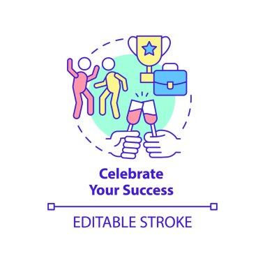 Başarı konsepti ikonunu kutla. Çalışanların soyut fikirlerinin yarattığı kaygı ince çizgi çizimi. İzole bir taslak çizim. Düzenlenebilir felç. Kullanılan Roboto-Orta, Myriad Pro-Kalın yazı tipleri
