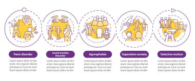 Anksiyete bozukluklarının türleri mor çember bilgi şablonu. Veri görselleştirmesi 5 adımda. İşlem zaman çizelgesi bilgi şeması. Satır simgeleriyle çalışma akışı düzeni. Kullanılan sayısız Pro-Kalın, Düzenli yazı tipleri