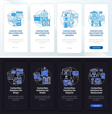 Nakitsiz çözüm gece gündüz mobil uygulama ekranında. Hizmet gezintisi 4 adım grafik talimatları sayfaları doğrusal konsept ile. UI, UX, GUI şablonu. Kullanılan sayısız Pro-Kalın, Düzenli yazı tipleri