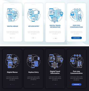 Mobil uygulama ekranında gece gündüz temassız sistem modu. Doğrusal kavramlarla dolu dört adımda grafik talimatları uygula. UI, UX, GUI şablonu. Kullanılan sayısız Pro-Kalın, Düzenli yazı tipleri