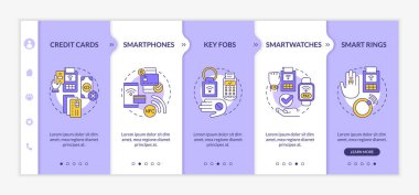 Ödeme yöntemleri mor ve beyaz şablon üzerinde. Temassız alım. Doğrusal konsept simgeleriyle cevap veren mobil web sitesi. Web sayfasında 5 basamaklı ekranlar. Kullanılan Lato Kalın, Düzenli yazı tipleri