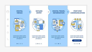 Mavi ve beyaz oteller için temassız teknoloji. Doğrusal konsept simgeleriyle cevap veren mobil web sitesi. Web sayfasında 4 basamaklı ekranlar. Kullanılan Lato Kalın, Düzenli yazı tipleri