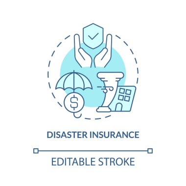 Afet sigortası turkuaz konsept ikonu. Fikrin soyut ve ince çizgileri için finansal kapsama. İzole bir taslak çizim. Düzenlenebilir felç. Kullanılan Roboto-Orta, Myriad Pro-Kalın yazı tipleri