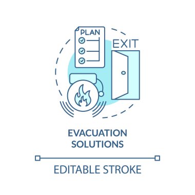 Tahliye çözümleri turkuaz konsept simgesi. Acil bir durum. Taşınabilirlik fikri ince çizgi çizimi. İzole bir taslak çizim. Düzenlenebilir felç. Kullanılan Roboto-Orta, Myriad Pro-Kalın yazı tipleri