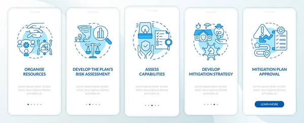 Hazard Mitigation Steps Blue Onboarding Mobile App Screen Reduce Threat — Stock Vector