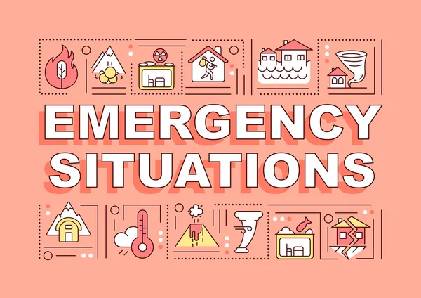Noodsituaties Woord Concepten Oranje Banner Gevarenschade Infographics Met Lineaire Pictogrammen — Stockvector