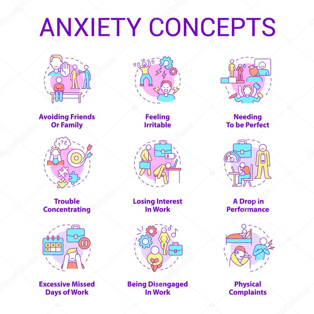 Anxiety concept icons set. Natural reaction on stress. Mental health problem idea thin line color illustrations. Isolated outline drawings. Roboto-Medium, Myriad Pro-Bold fonts used