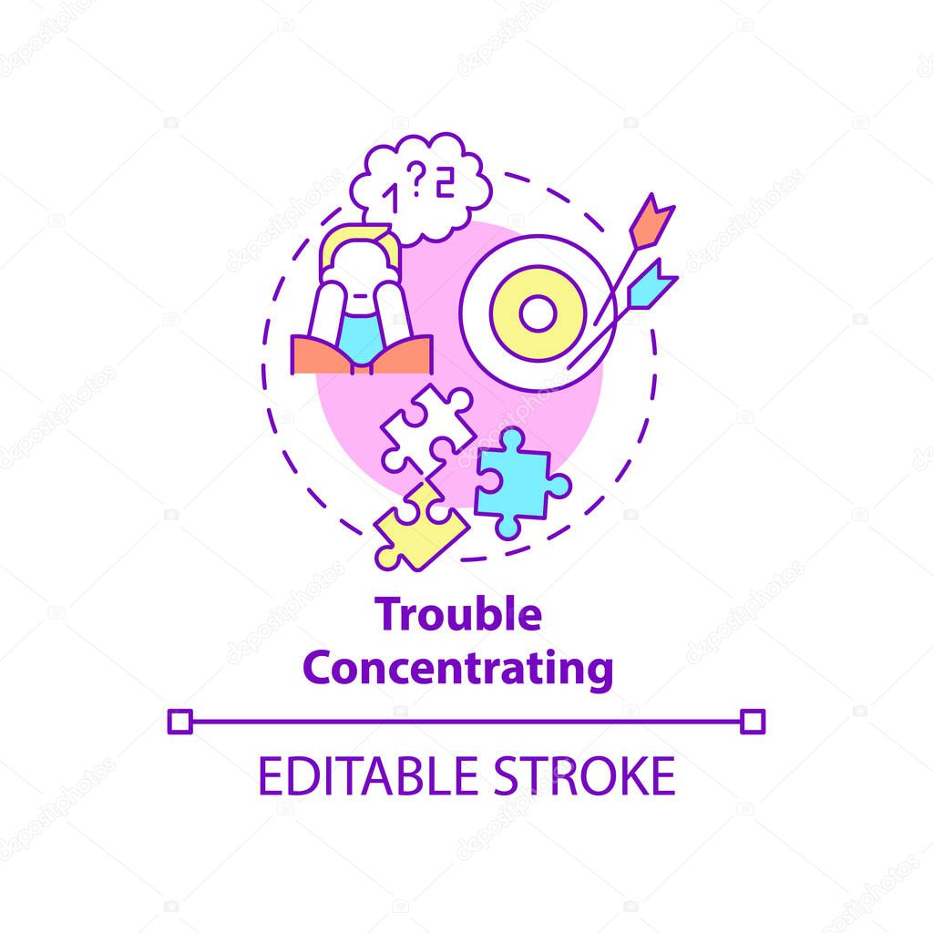 Trouble concentrating concept icon. Anxiety and mental disorder abstract idea thin line illustration. Isolated outline drawing. Editable stroke. Roboto-Medium, Myriad Pro-Bold fonts used