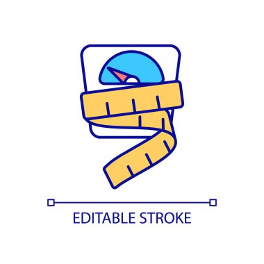 Kilo verme RGB renk simgesi. Zayıflatma ve diyet. Vücut yağları yanıyor. Şekil ve kütle ölçümü. İzole vektör çizimi. Basit bir çizgi çizimi. Düzenlenebilir felç. Kullanılan Arial yazı tipi