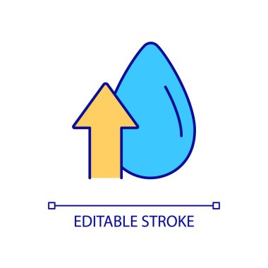 Su damlası RGB renk simgesi. Biraz daha sıvı iç. Susuz kalmamak. Nem oranı artıyor. Yağmur yağışı artışı. İzole vektör çizimi. Basit bir çizgi çizimi. Düzenlenebilir felç. Kullanılan Arial yazı tipi