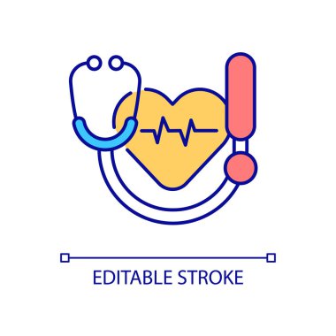 Tıbbi teşhis RGB renk simgesi. Hasta sağlık muayenesi. Hastalık bulgusu ve teşhisi. İzole vektör çizimi. Basit bir çizgi çizimi. Düzenlenebilir felç. Kullanılan Arial yazı tipi