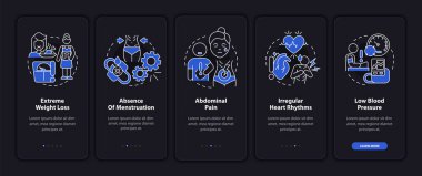 Mobil uygulama ekranında anoreksi belirtileri gece modunda. Anemi 5 aşamalı grafik komut sayfalarında doğrusal kavramlarla dolaşır. UI, UX, GUI şablonu. Kullanılan sayısız Pro-Kalın, Düzenli yazı tipleri