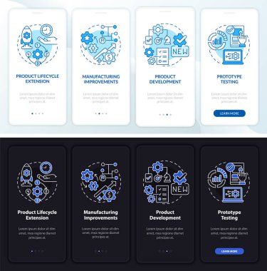 Mobil uygulama ekranında gece gündüz dijital ikiz görevler. Doğrusal kavramlarla dolu dört adımda grafik talimatları uygula. UI, UX, GUI şablonu. Kullanılan sayısız Pro-Kalın, Düzenli yazı tipleri