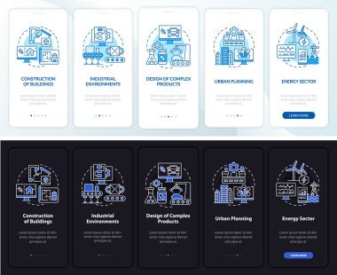 Mobil uygulama ekranında gece gündüz dijital ikiz kullanım vakaları var. Çizgisel kavramlarla dolu 5 aşamalı grafik talimatları. UI, UX, GUI şablonu. Kullanılan sayısız Pro-Kalın, Düzenli yazı tipleri