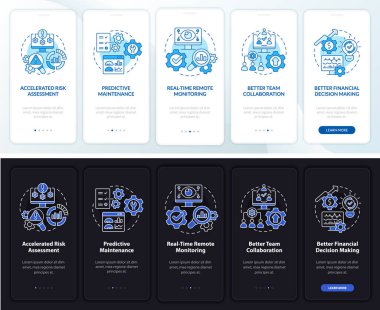 Mobil uygulama ekranında gece gündüz dijital ikiz faydaları. Çizgisel kavramlarla dolu 5 aşamalı grafik talimatları. UI, UX, GUI şablonu. Kullanılan sayısız Pro-Kalın, Düzenli yazı tipleri
