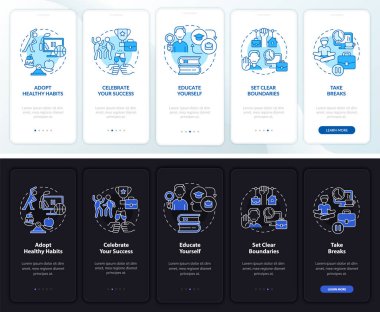Mobil uygulama ekranında gece gündüz anksiyete var. Çizgisel kavramları olan 5 aşamalı grafik talimatlardan kaçının. UI, UX, GUI şablonu. Kullanılan sayısız Pro-Kalın, Düzenli yazı tipleri
