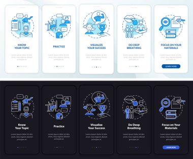 Seyyar uygulama ekranında gece gündüz korku konuşuyorlar. İpuçları, doğrusal kavramlarla dolu 5 adımlık grafik talimatları inceliyor. UI, UX, GUI şablonu. Kullanılan sayısız Pro-Kalın, Düzenli yazı tipleri