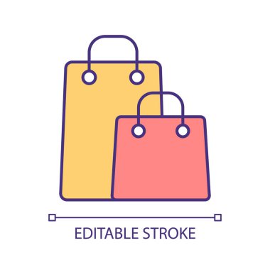 Alışveriş torbaları RGB renk simgesi. Ticaret ve perakende işi. Paketlenmiş giysiler. Marketten aldıklarım. İzole vektör çizimi. Basit bir çizgi çizimi. Düzenlenebilir felç. Kullanılan Arial yazı tipi