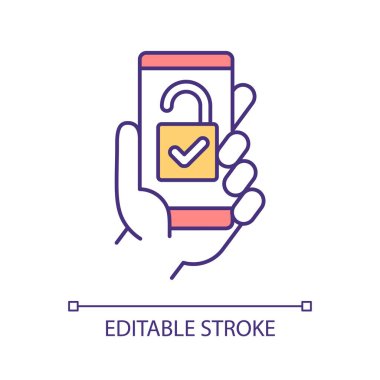 Çevrimiçi kilit kontrol RGB renk simgesi. Anahtarsız çözüm için akıllı telefon uygulaması. Cep telefonundan erişim. İzole vektör çizimi. Basit bir çizgi çizimi. Düzenlenebilir felç. Kullanılan Arial yazı tipi