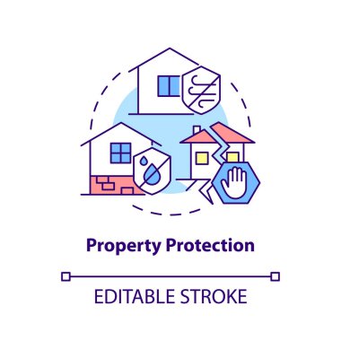 Emlak koruma konsepti simgesi. Doğal afet hasarı soyut fikri azaltma ince çizgi çizimi. İzole bir taslak çizim. Düzenlenebilir felç. Kullanılan Roboto-Orta, Myriad Pro-Kalın yazı tipleri