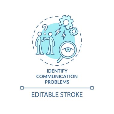 İletişim sorunları türkuaz konsept simgesini tanımla. Takım sorunları soyut fikir ince çizgi çizimi. İzole bir taslak çizim. Düzenlenebilir felç. Kullanılan Roboto-Orta, Myriad Pro-Kalın yazı tipleri