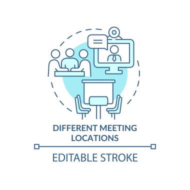Farklı buluşma yerleri turkuaz konsept simgesi. Takım üretkenliği soyut fikir ince çizgi çizimi. İzole bir taslak çizim. Düzenlenebilir felç. Kullanılan Roboto-Orta, Myriad Pro-Kalın yazı tipleri