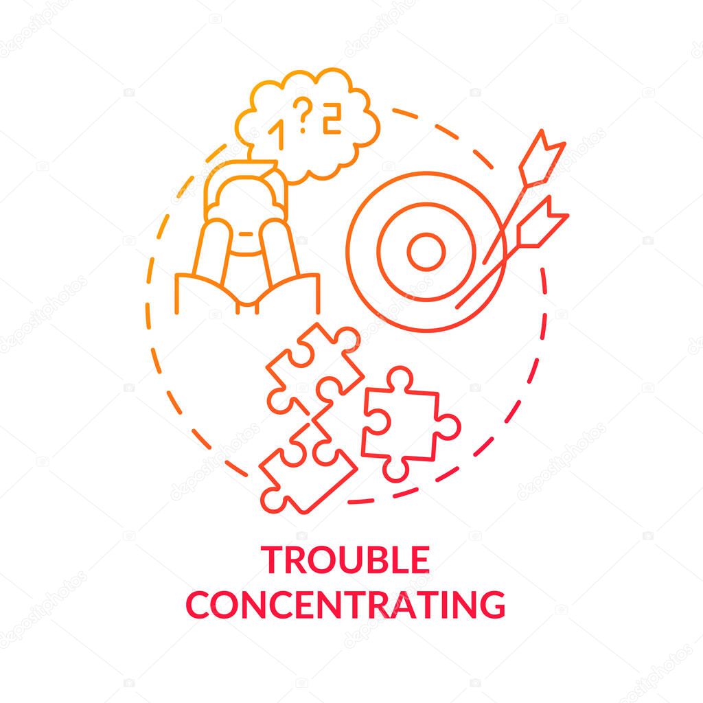 Trouble concentrating red gradient concept icon. Anxiety disorder. Mental illness abstract idea thin line illustration. Isolated outline drawing. Roboto-Medium, Myriad Pro-Bold fonts used